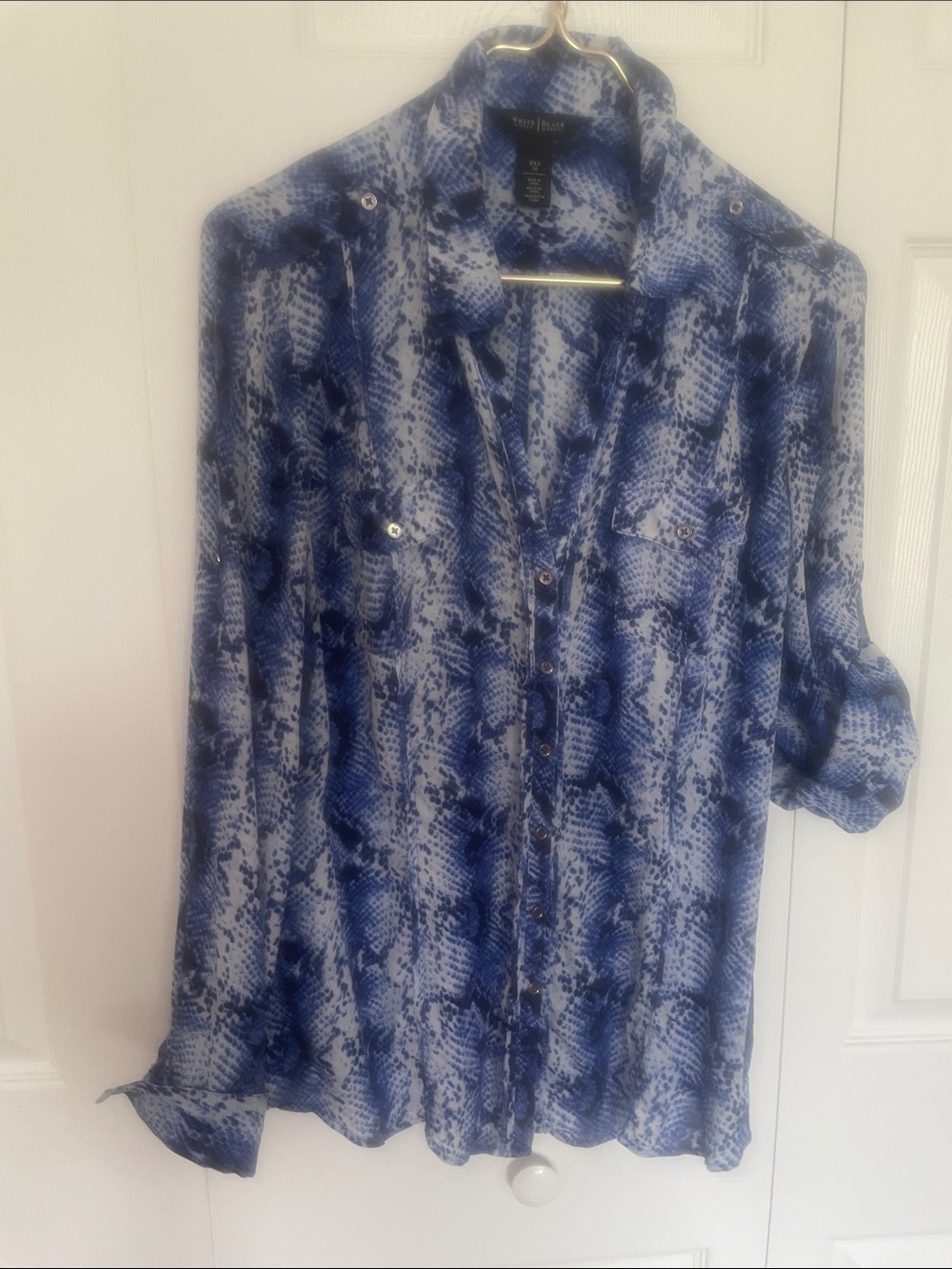 White House Black Market Blue and White Silk Printed Top